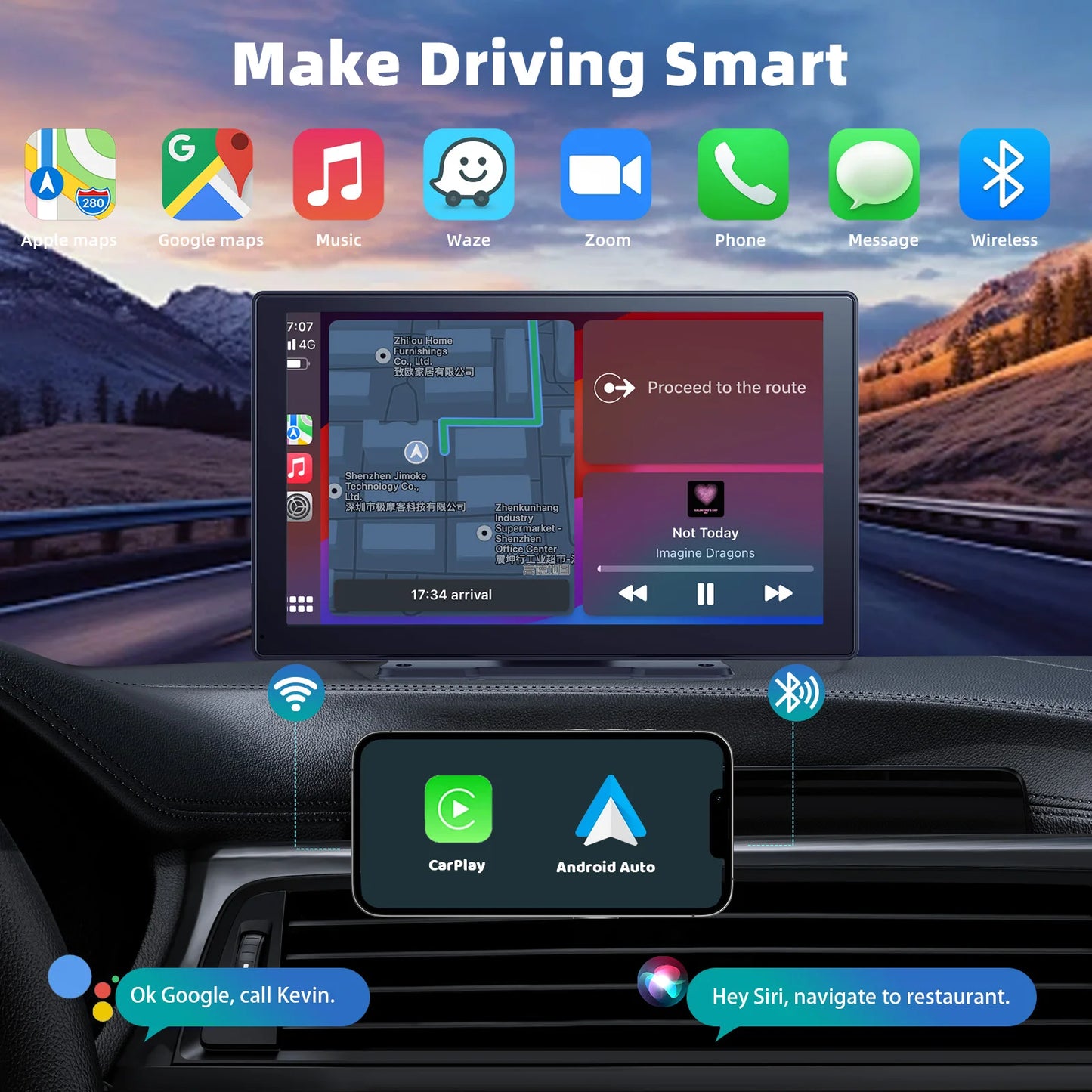 9 Inches Portable Wireless Android Auto Car Play Screen for Car