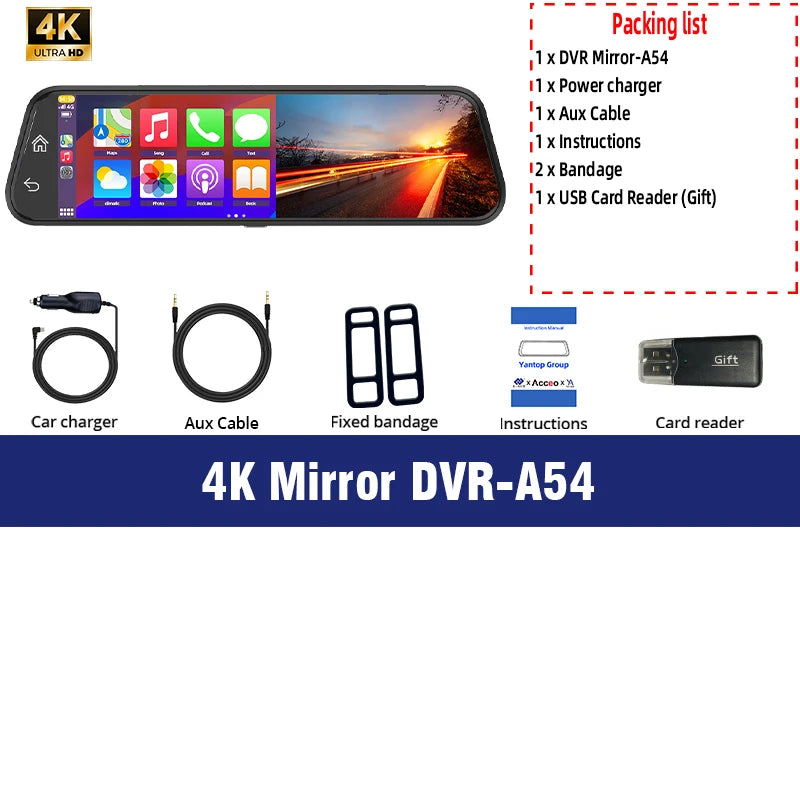 Dash Cam 4K Car Mirror Wireless Carplay & Android Auto