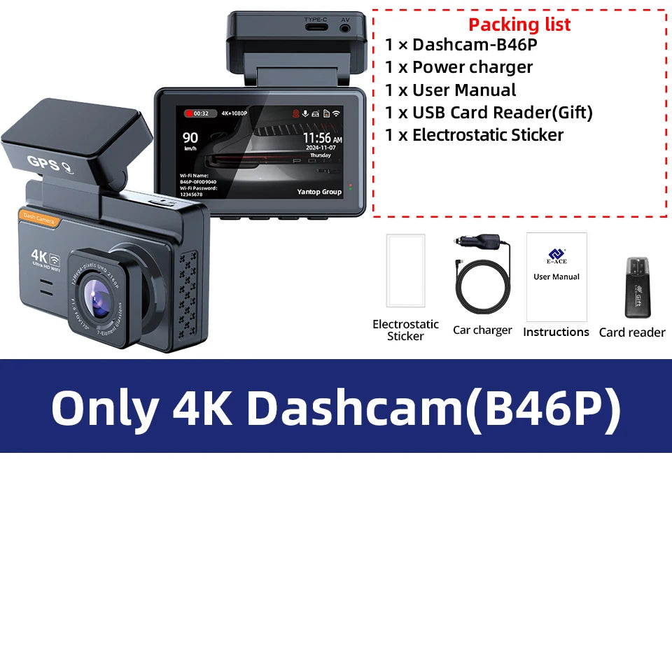 4K Dash Cam Car, Dual Lens Night Vision ,