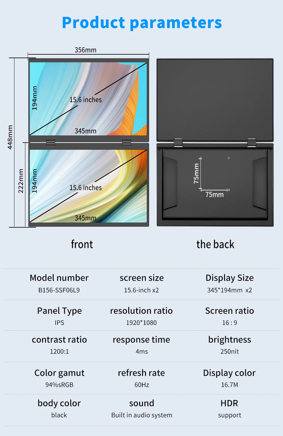 15.6 Inch Dual Portable Monitor for Laptop Folding Stacked Triple Display