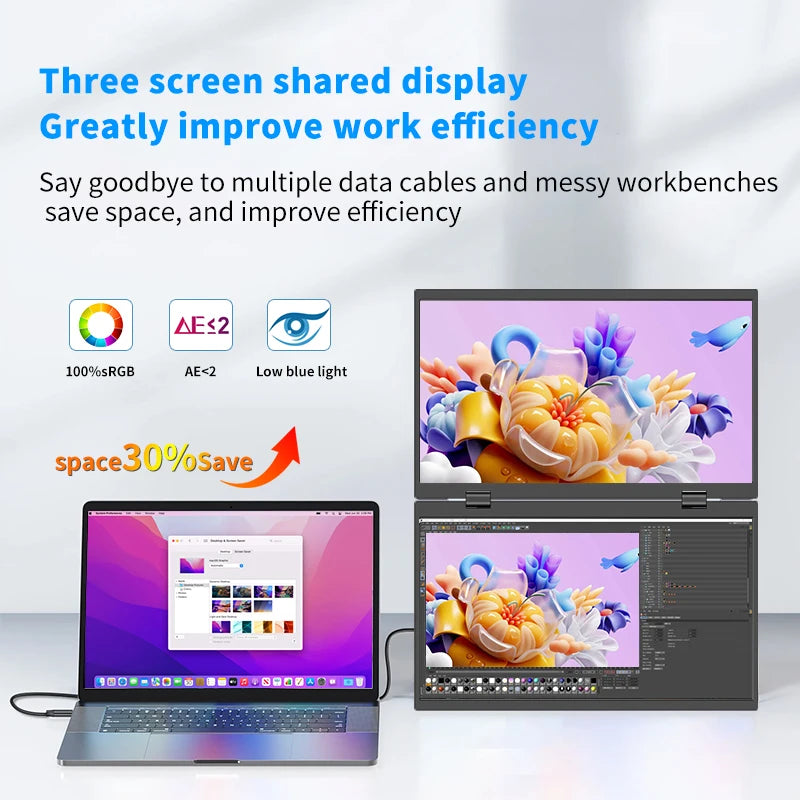 15.6 Inch Dual Portable Monitor for Laptop Folding Stacked Triple Display
