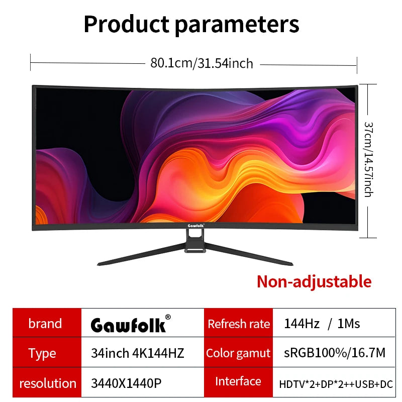 Monitor 34''  Screen Curved 1500R Gaming Bezel-less Slim