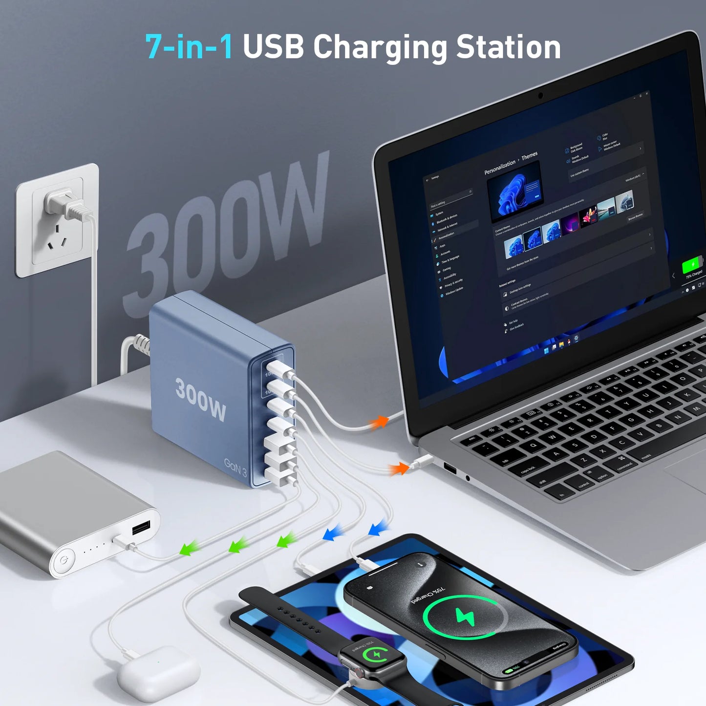 USB C Fast Charger 300 Watt: 7 Port USB Charging Station Hub Brick