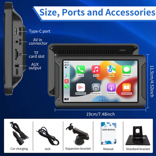 Wireless Car Play Screen for Car, 7" HD Portable Stereo Touch screen with Backup Cam
