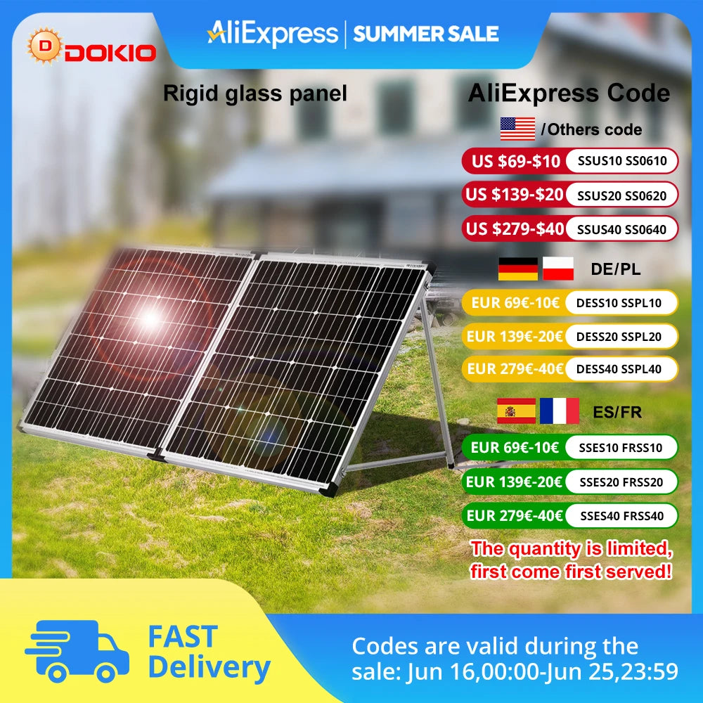 DOKIO 100W/160w/200w 18V Glass Folding Waterproof Solar Panel