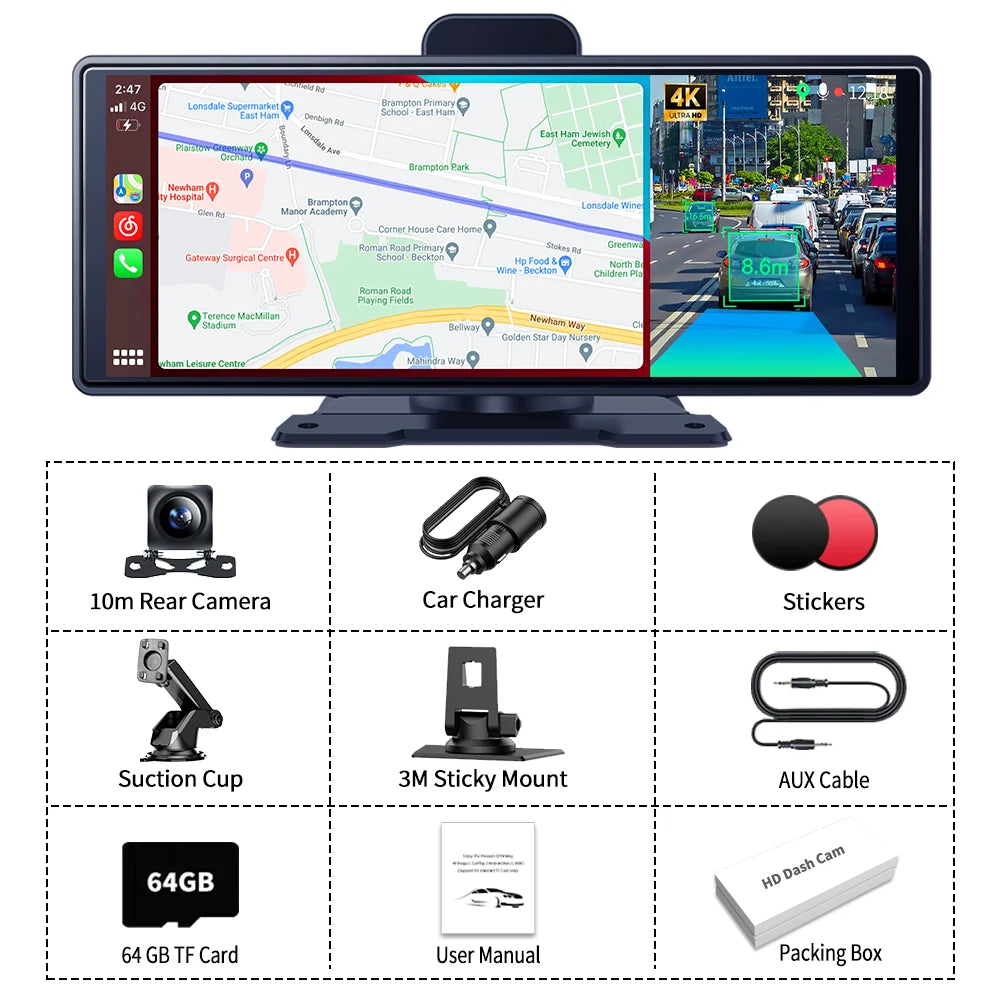 10.26" 4K ADAS Wireless CarPlay & Android Auto Dash Cam