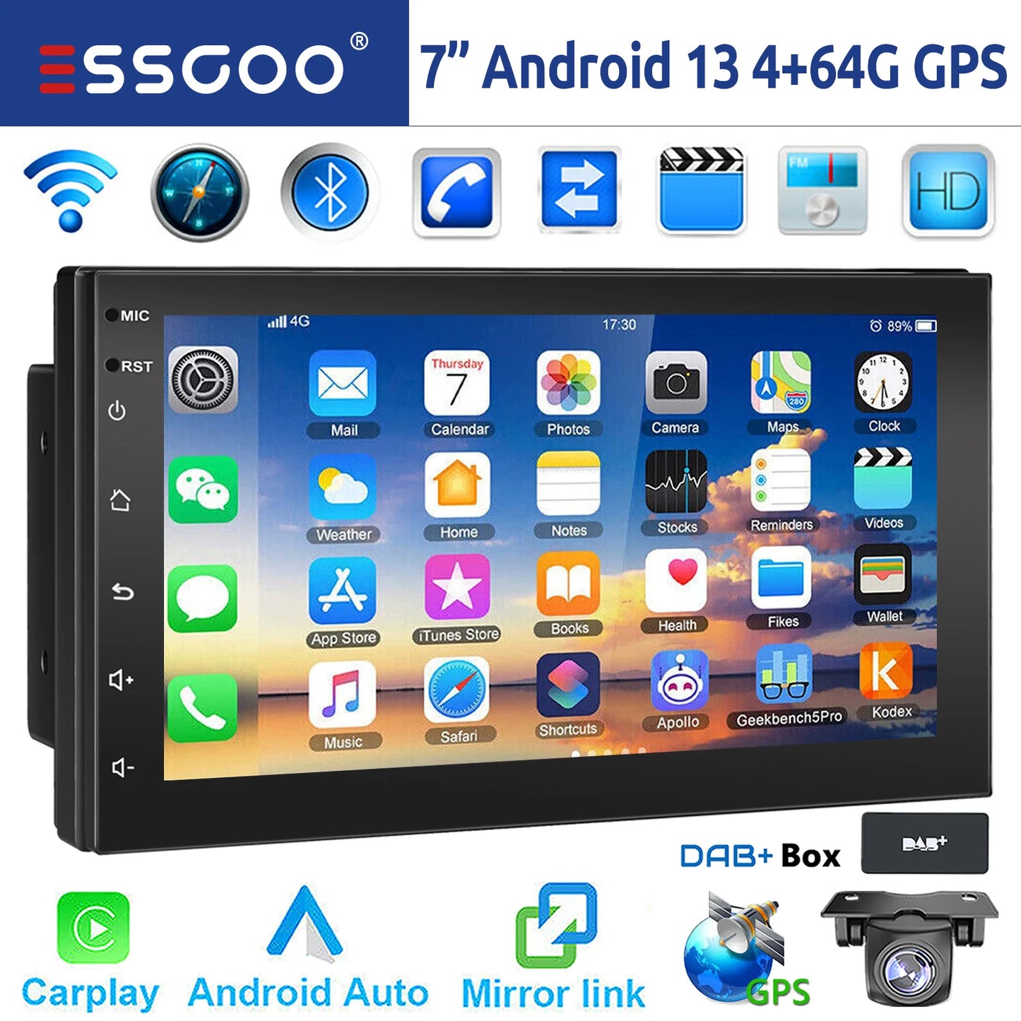 10“ 2 DIN Android 14 4+64G Car Stereo, Carplay Touchscreen
