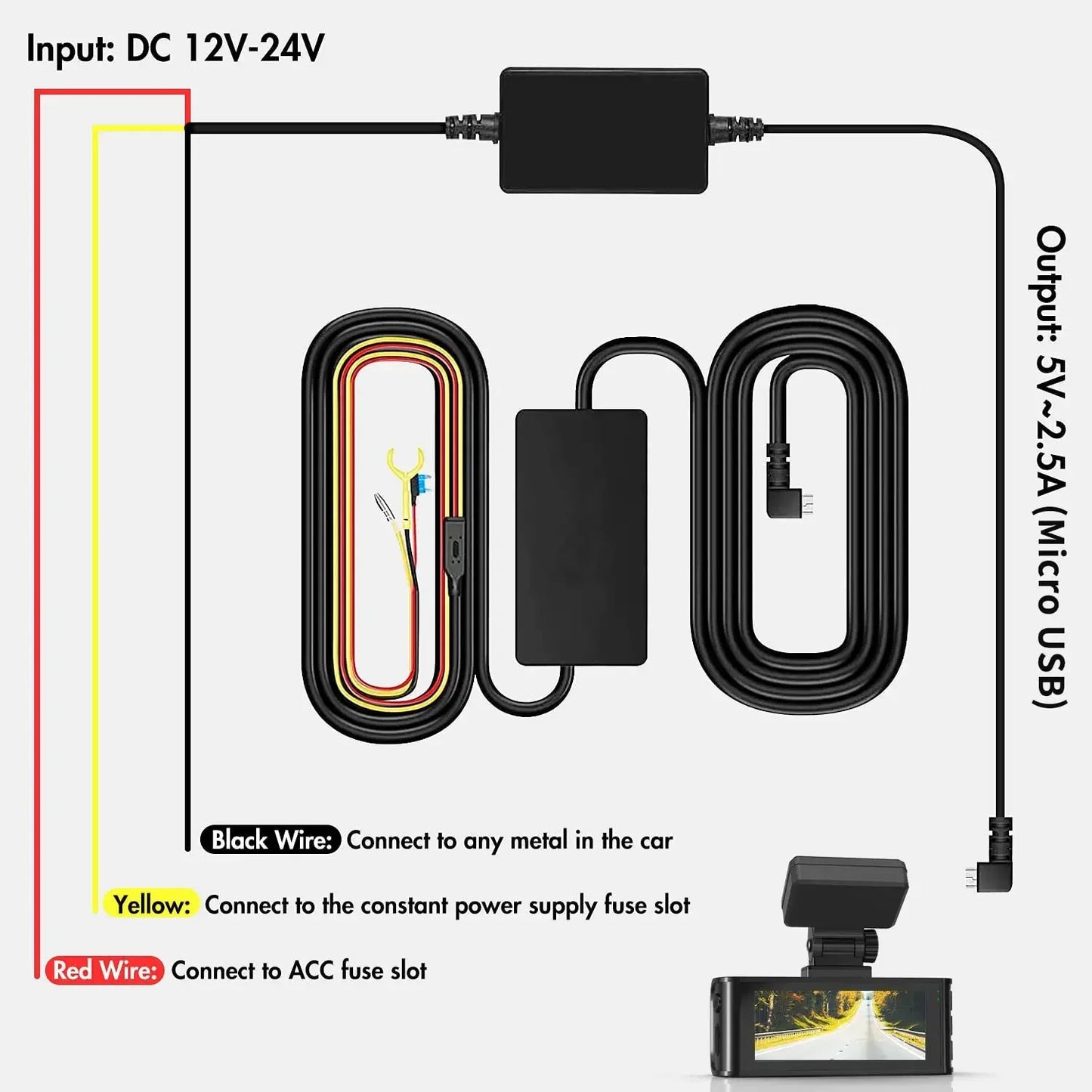 Dash Cam Hardwire Kit USB Cable Kit 12V- 24V To 5V 4 Fuse Kit