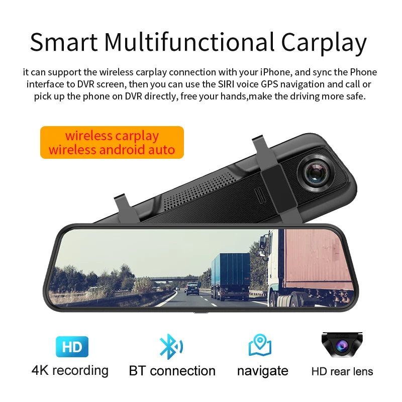 Dash Cam 4K Car Mirror Wireless Carplay & Android Auto