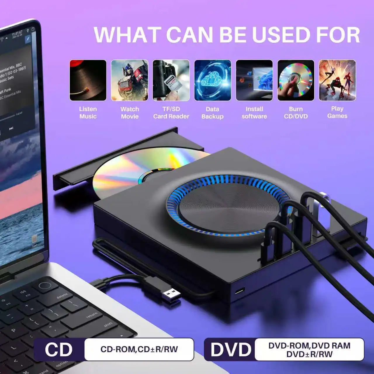 USB 3.0 External Drive,Type C Portable CD/ DVD+/ -RW Drive Player