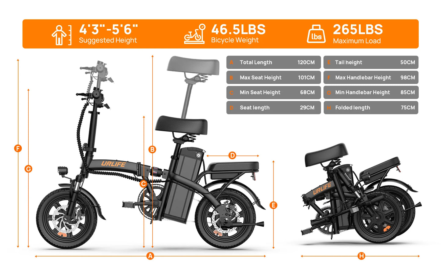 14 Inch Folding E-Bike 500W Power Removable & Fast Charge 40 Miles , Hydraulic Front Suspension .