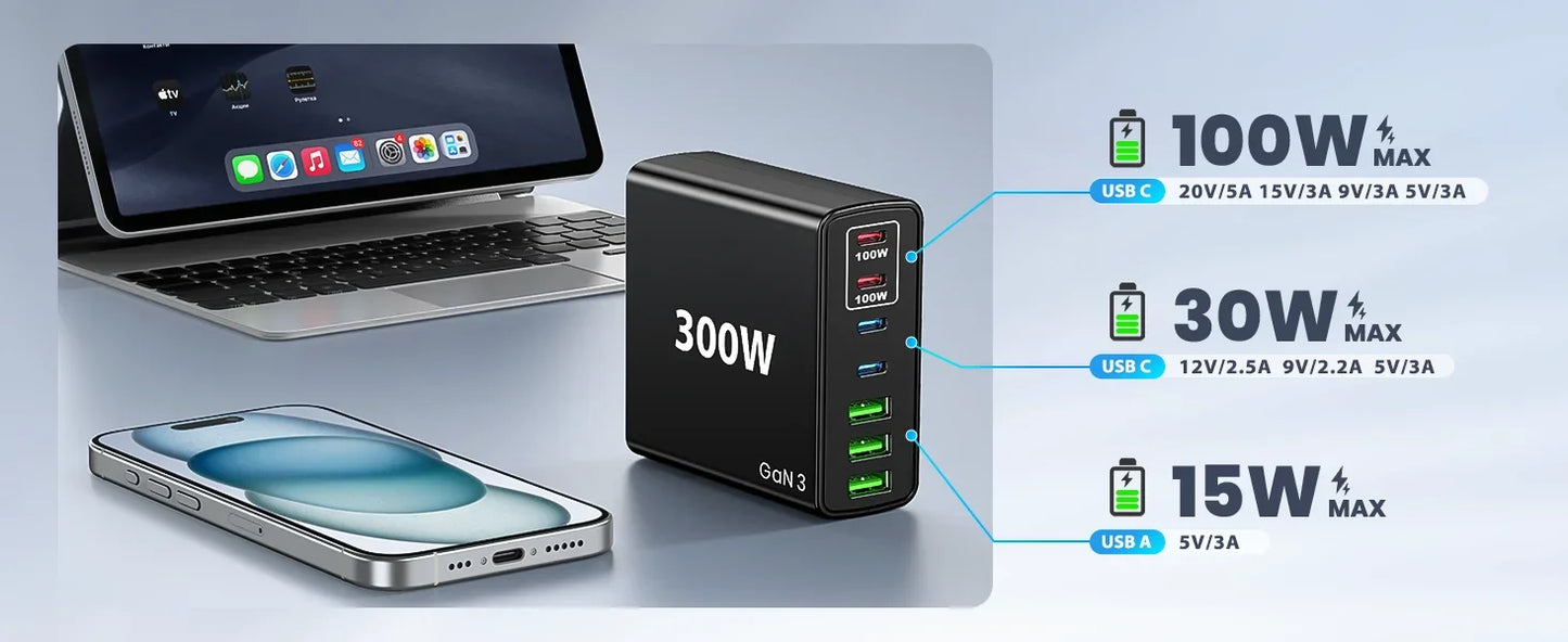 USB C Fast Charger 300 Watt: 7 Port USB Charging Station Hub Brick