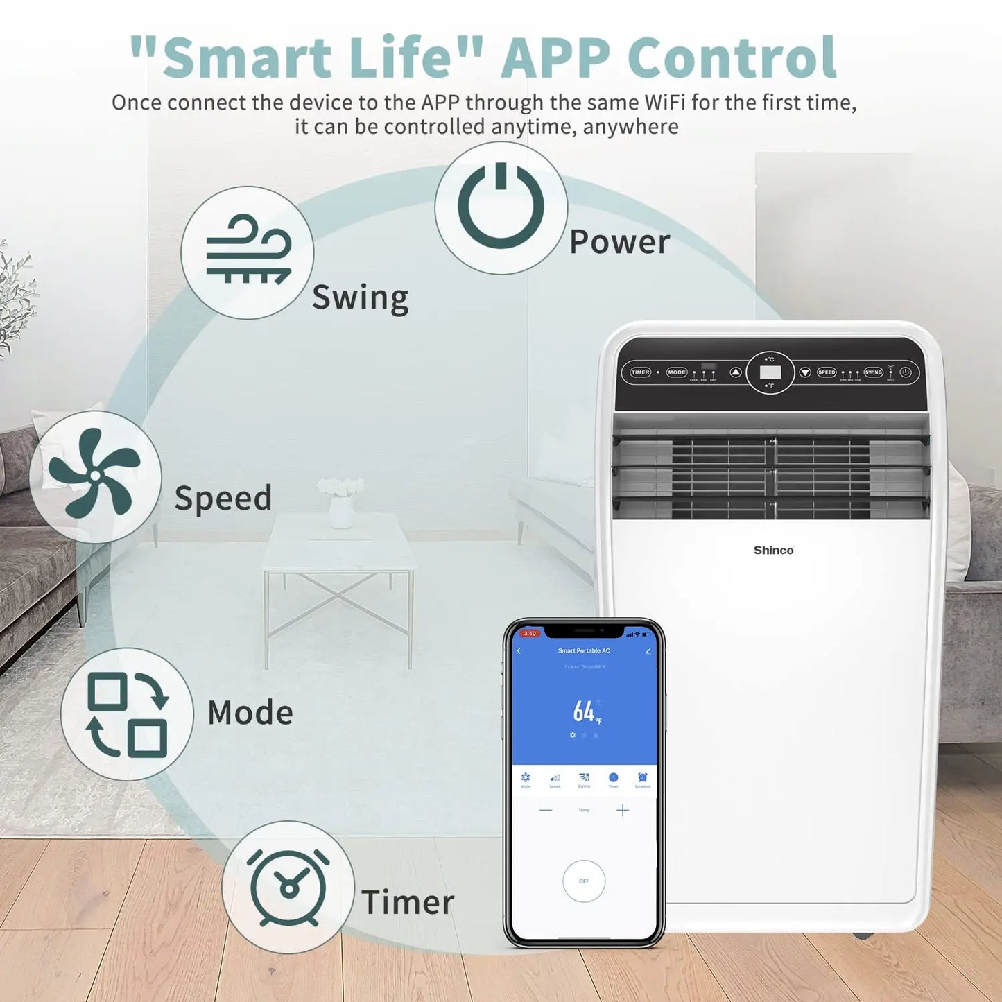 12,000 BTU Smart Wi-Fi Portable Air Conditioner, Built-in Cool, Dehumidifier and fan.