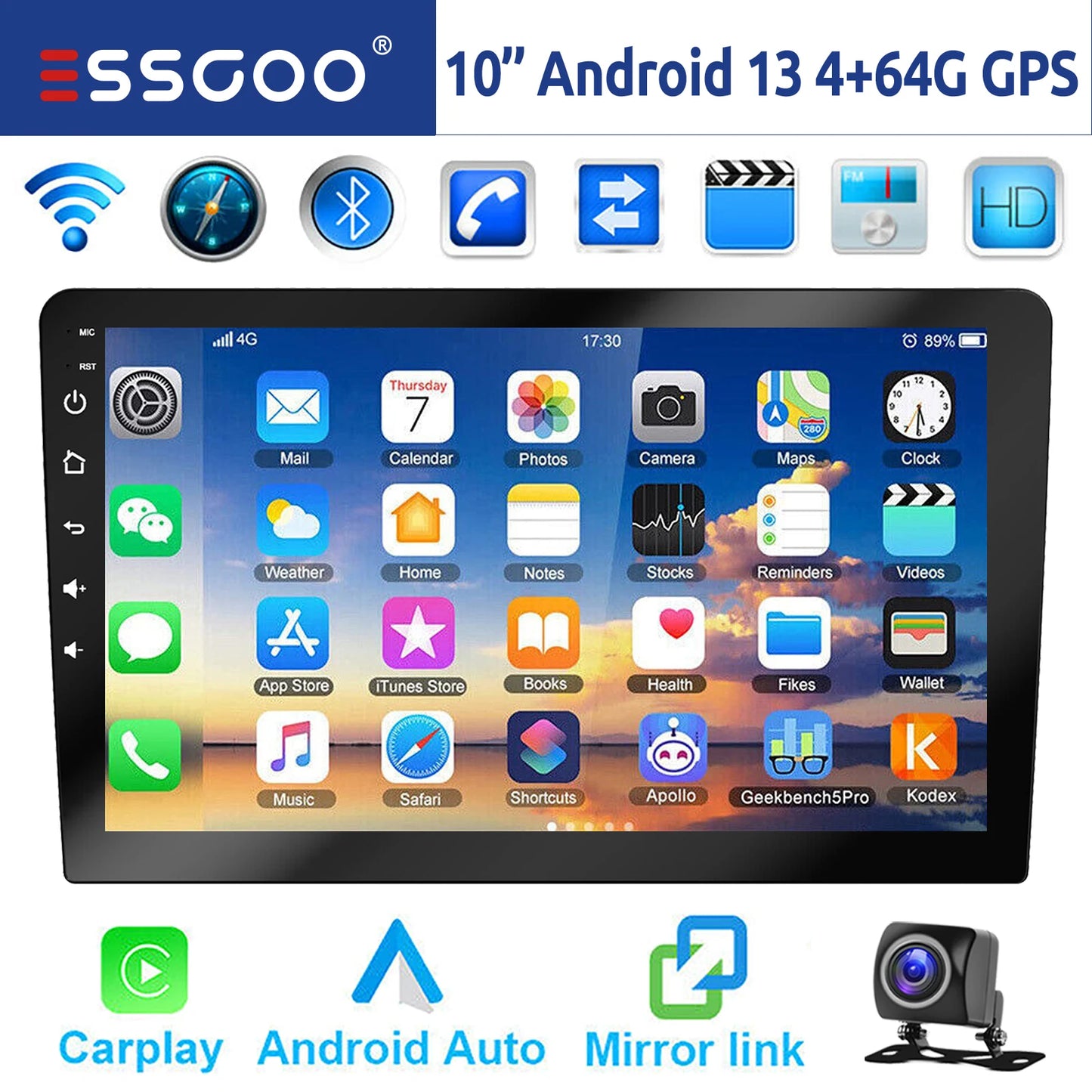10“ 2 DIN Android 14 4+64G Car Stereo, Carplay Touchscreen