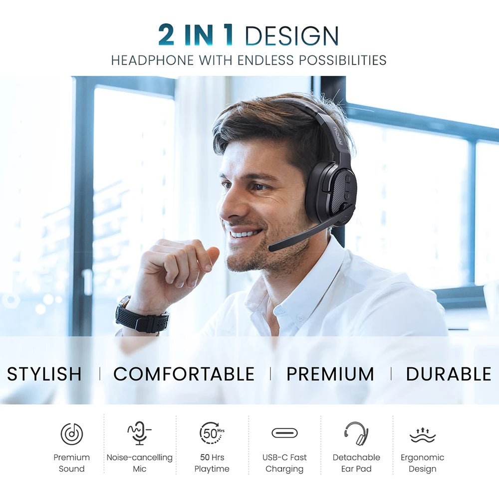 2 in 1 Wireless Headphones Bluetooth Headset