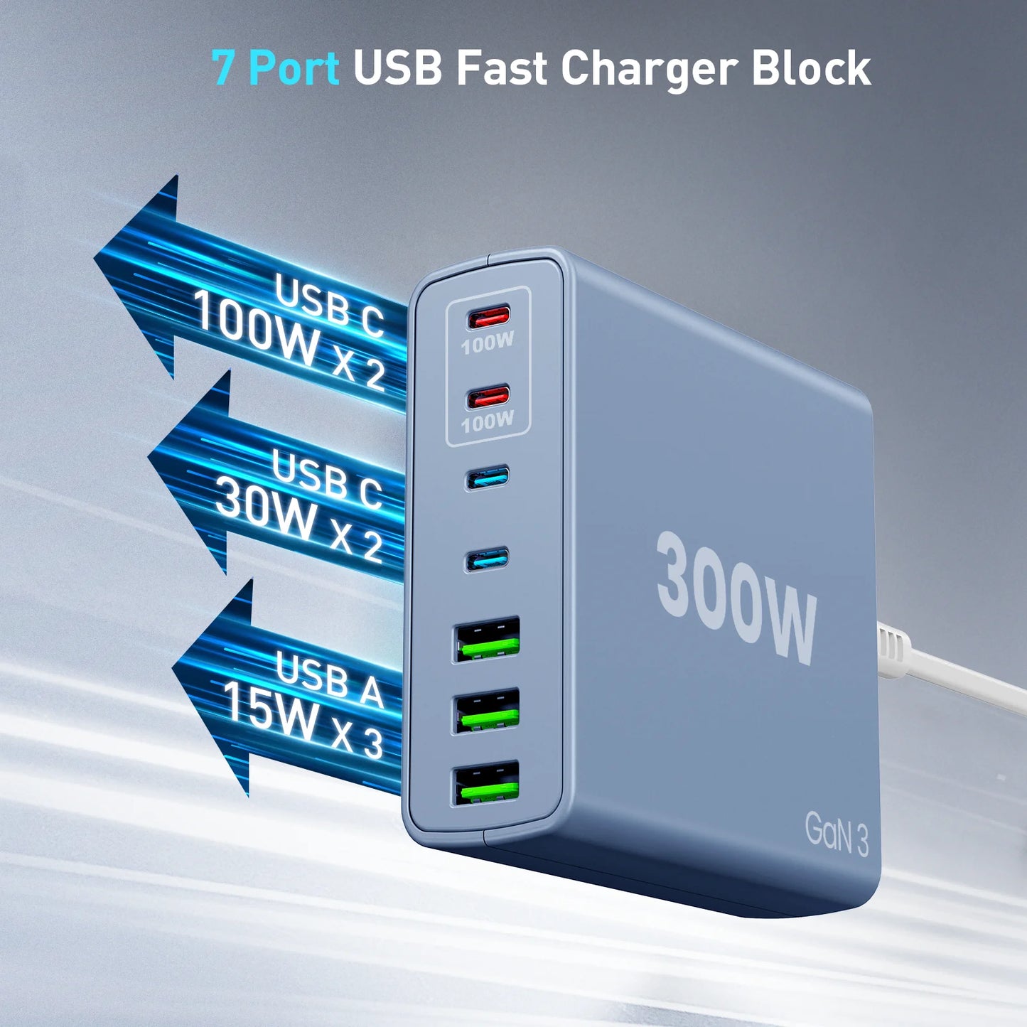 USB C Fast Charger 300 Watt: 7 Port USB Charging Station Hub Brick