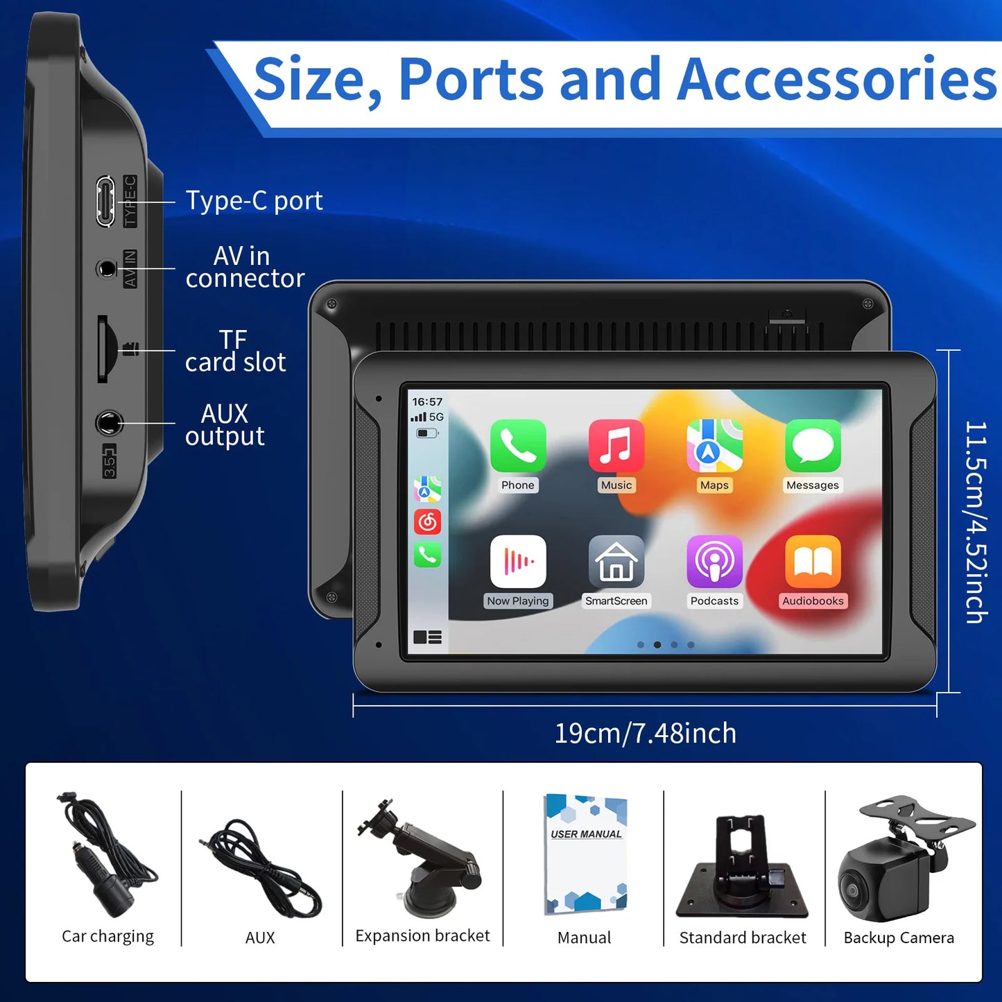 Wireless Car Play Screen for Car, 7" HD Portable Stereo Touch screen with Backup Cam