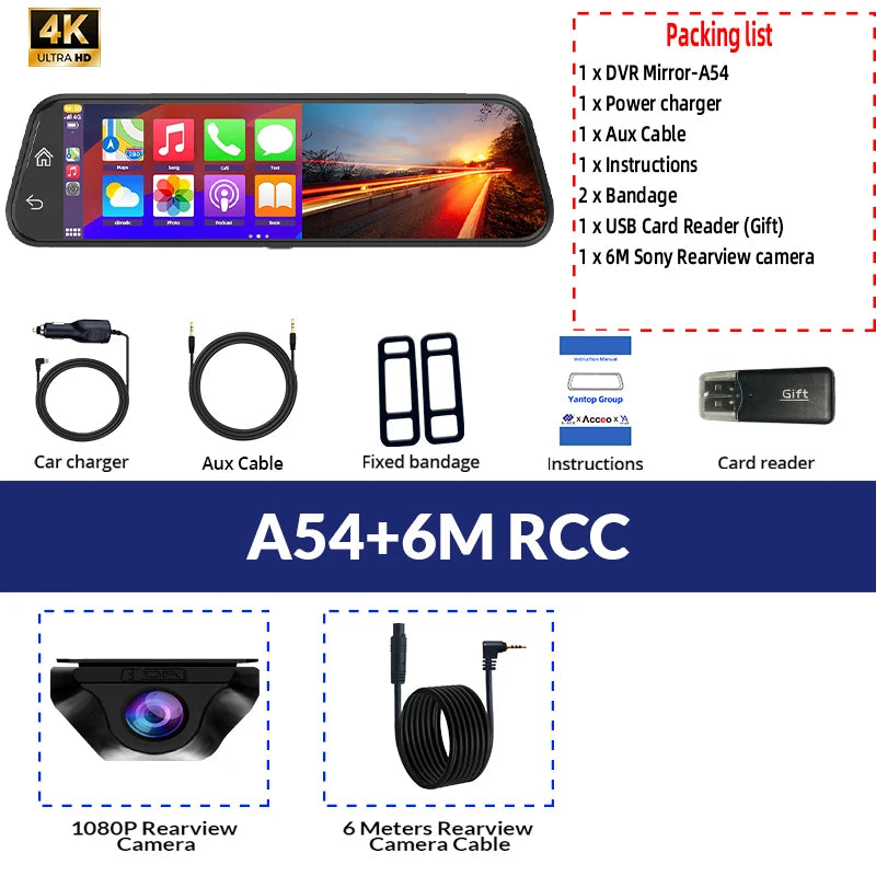Dash Cam 4K Car Mirror Wireless Carplay & Android Auto