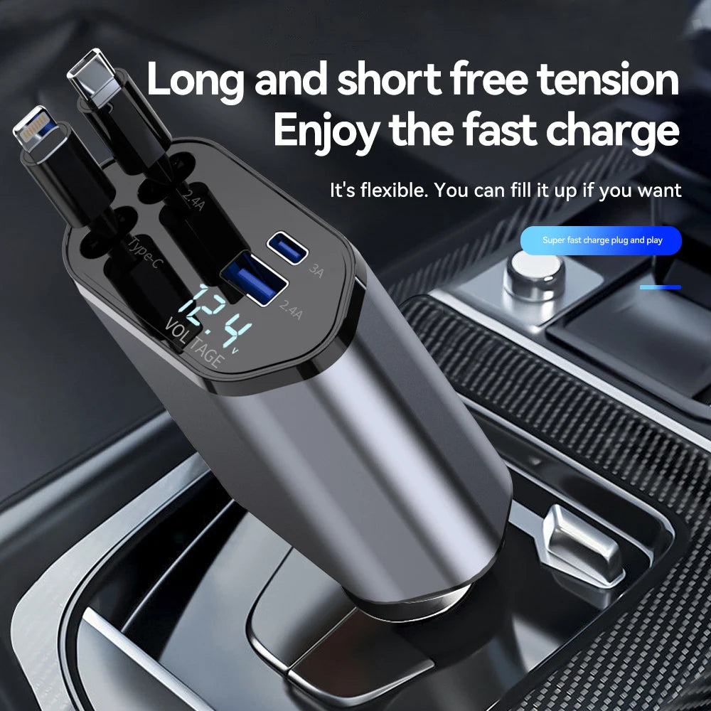 120W 4 in 1 Car Charger Retractable Car Cigarette Lighter Adapter