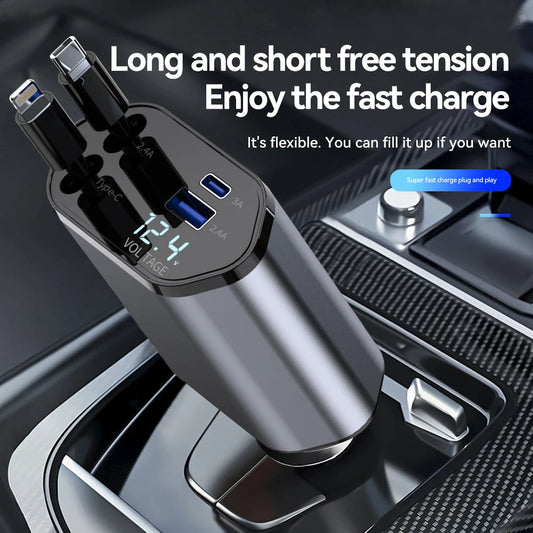 120W 4 in 1 Car Charger Retractable Car Cigarette Lighter Adapter