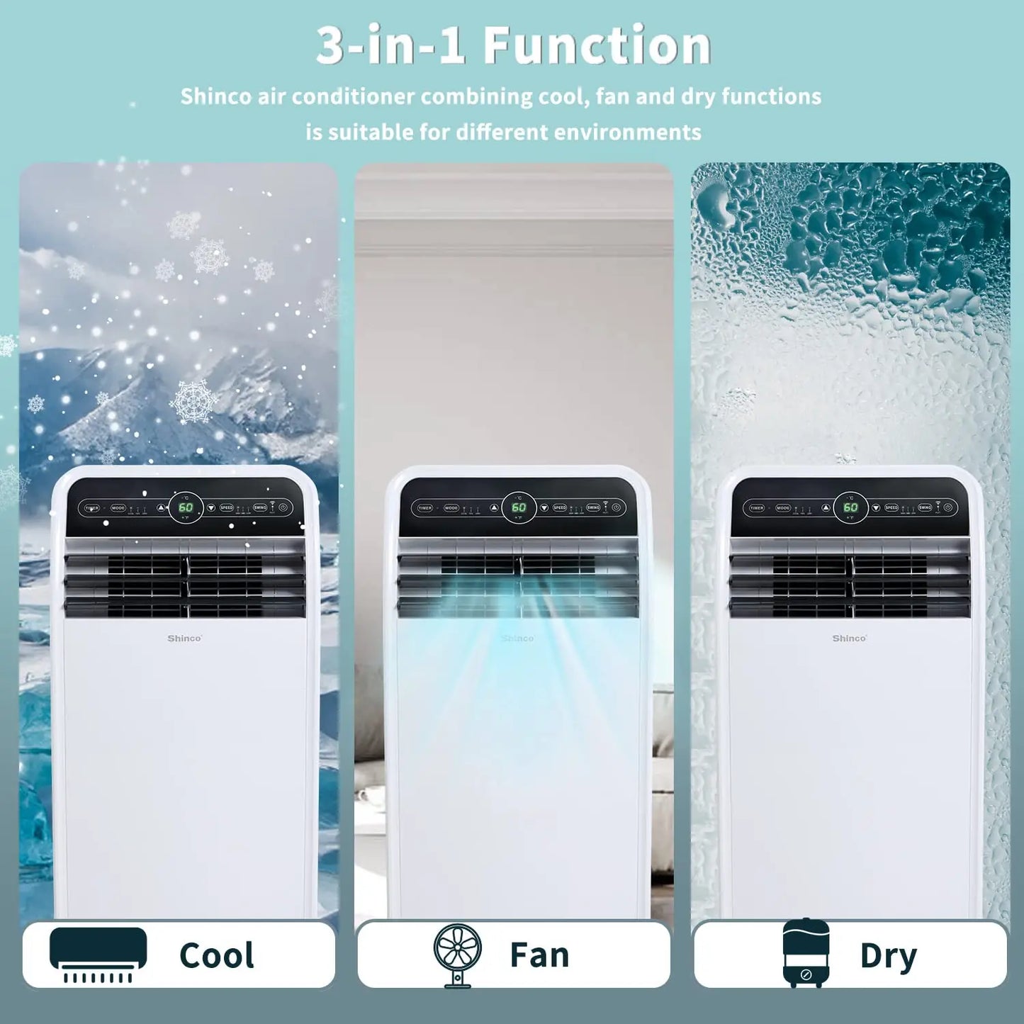 12,000 BTU Smart Wi-Fi Portable Air Conditioner, Built-in Cool, Dehumidifier and fan.
