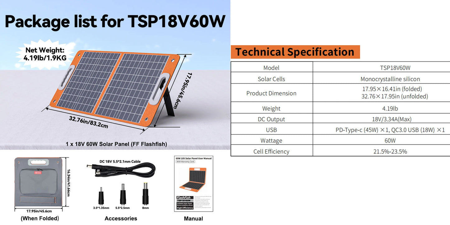 Solar Panel 60W Solar Charger Foldable USB 18V DC Solar Cell