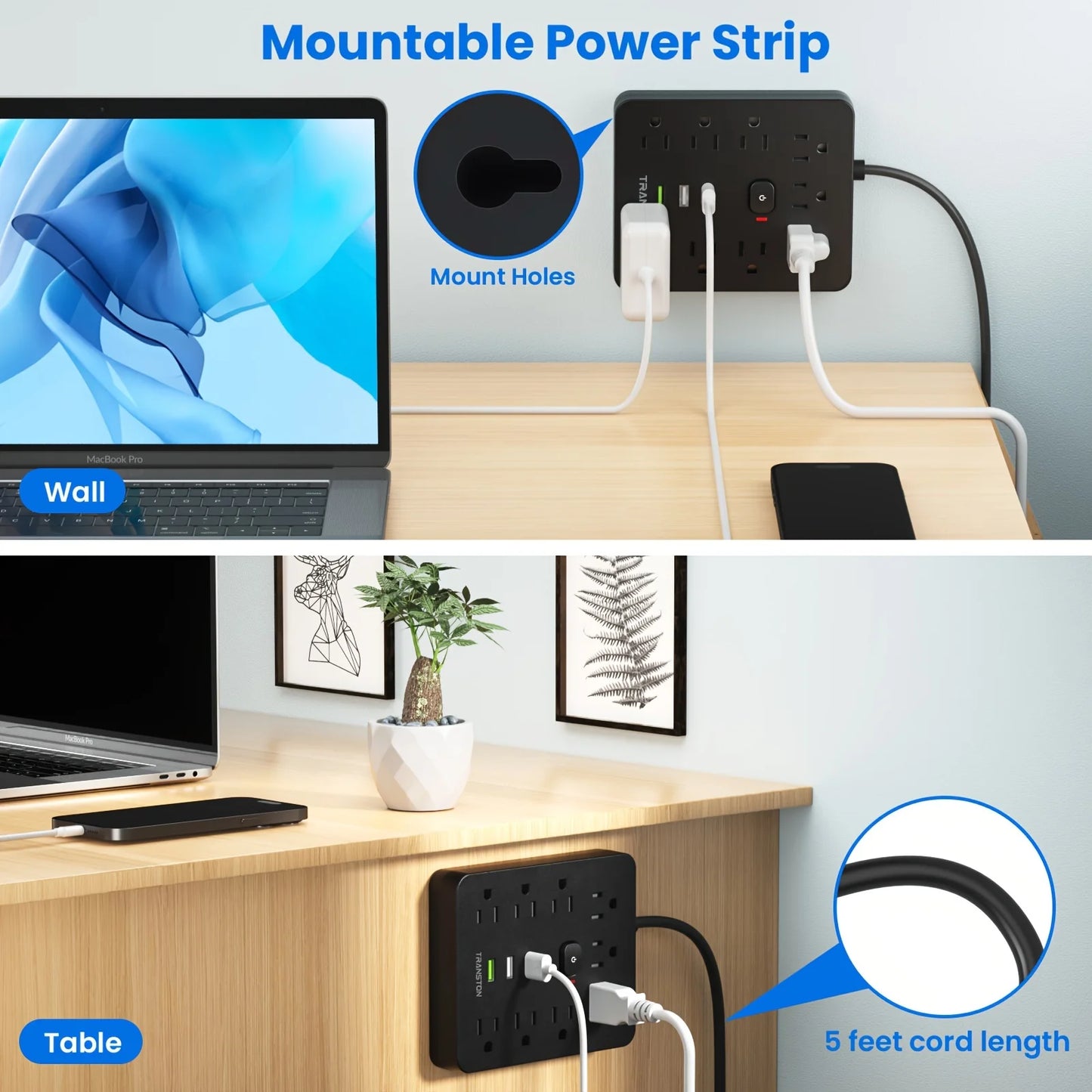 Power Outlet with Surge Protector, 5ft Extension Cord