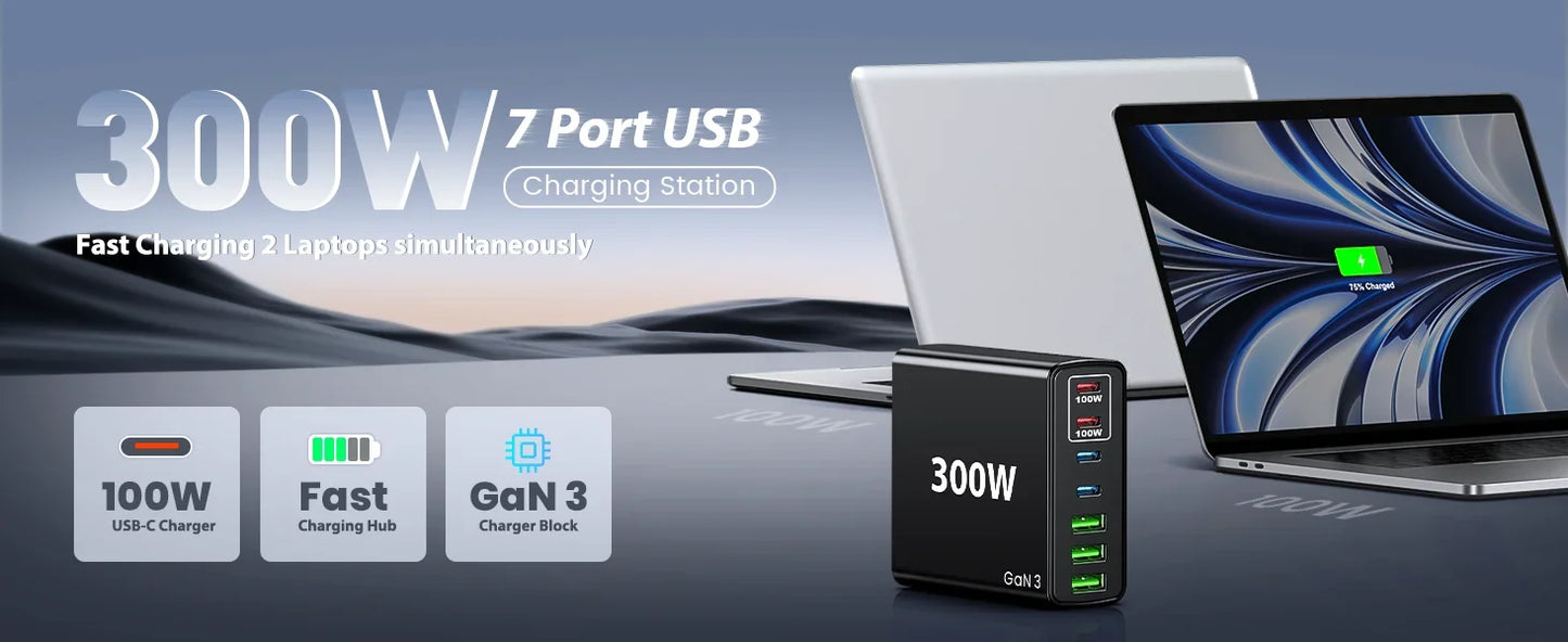 USB C Fast Charger 300 Watt: 7 Port USB Charging Station Hub Brick