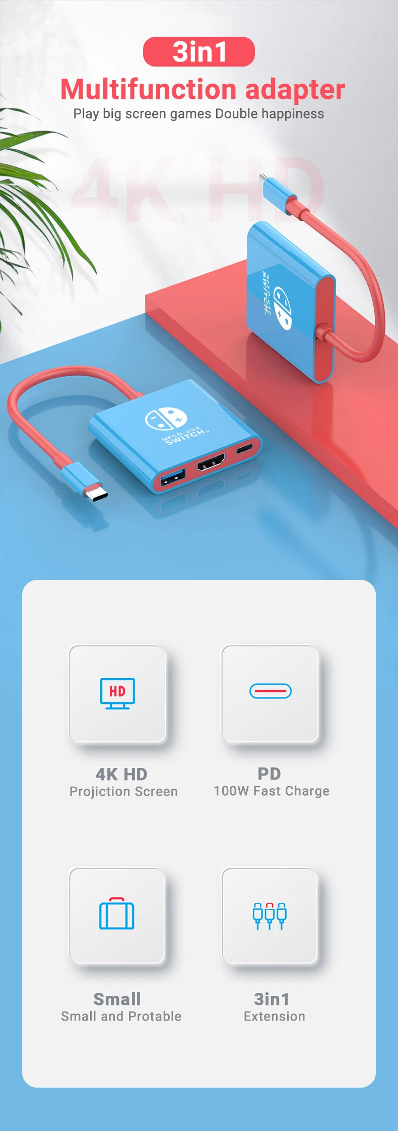 Portable TV Dock Charging Docking Station with HDMI and USB 3.0 Set for Nintendo Switch OLED