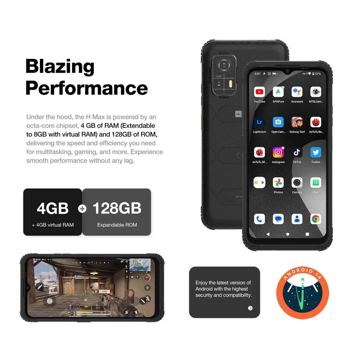 Rugged Smartphone  4+128GB HD+ Display