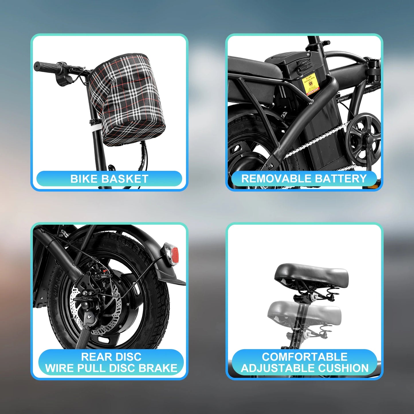 Foldable Electric Bike w/ Seat &Basket 48V 350W Motor 22Miles Range