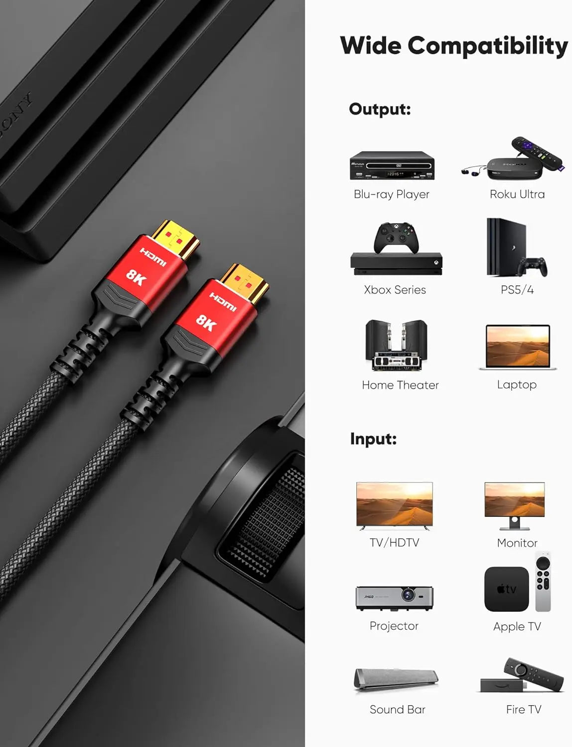 8K HDMI 2.1 Cable High Speed 48Gbps Braided Cord