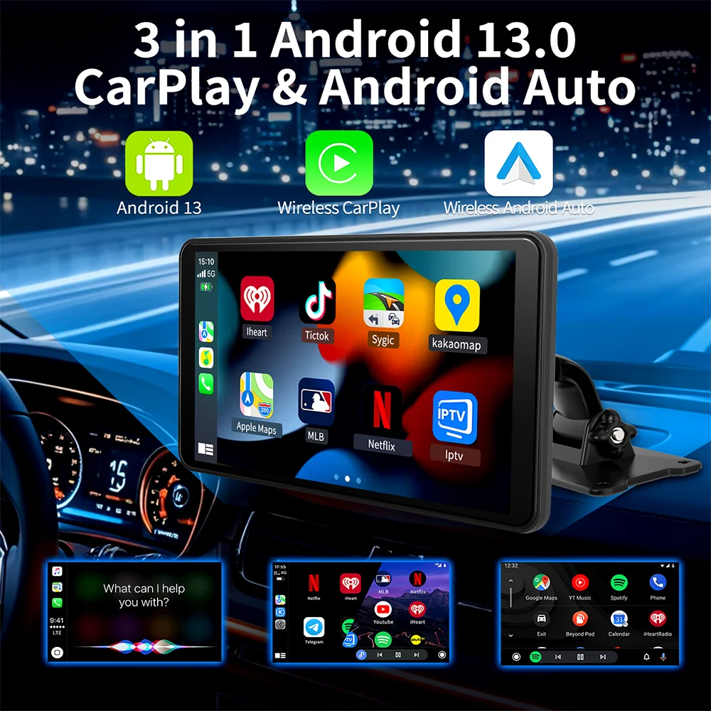 7 Inch Android 13 Dash cam Wireless CarPlay & Android Auto