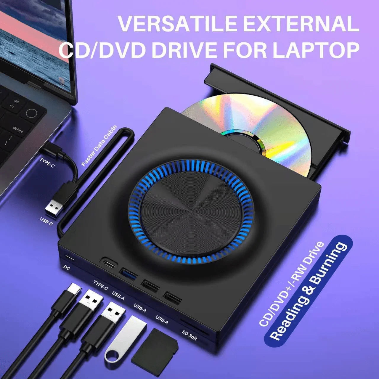 USB 3.0 External Drive,Type C Portable CD/ DVD+/ -RW Drive Player
