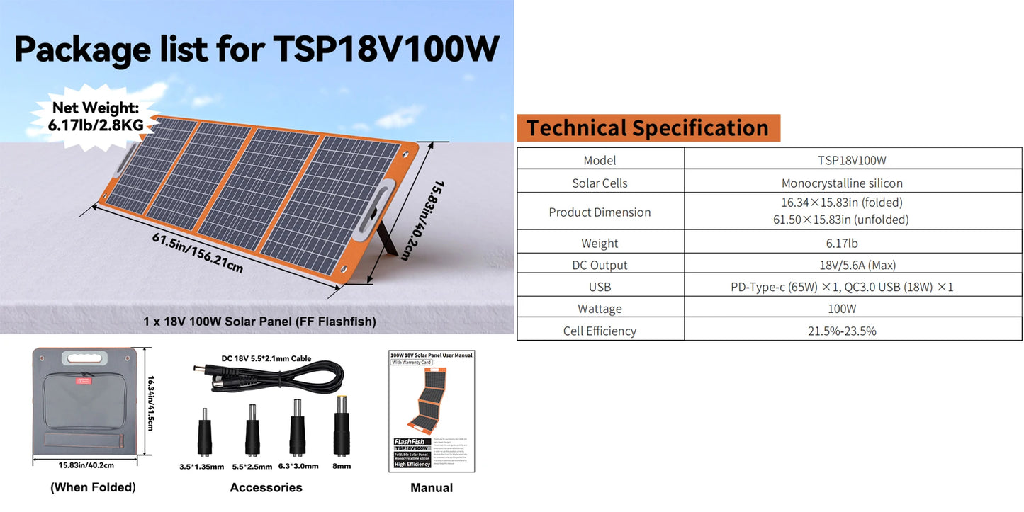 Foldable Solar Panel 100W 18V Outdoor,Solar