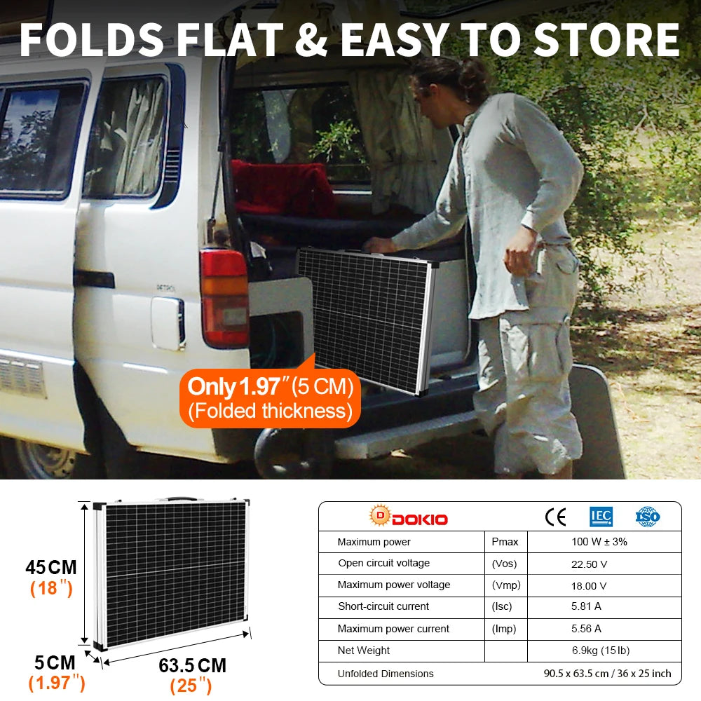 DOKIO 100W/160w/200w 18V Glass Folding Waterproof Solar Panel