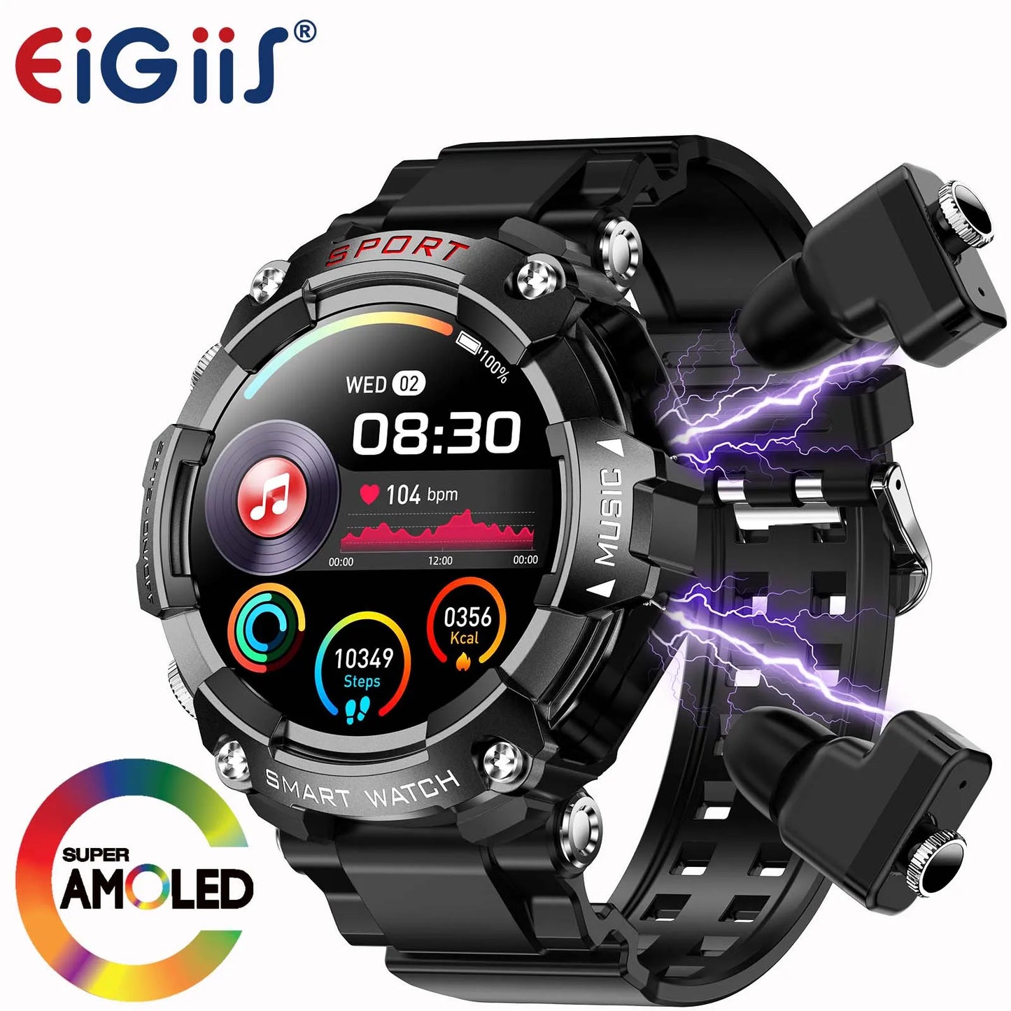 EIGIIS Smart Watch AMOLED Display With In-Ear Bluetooth Headset