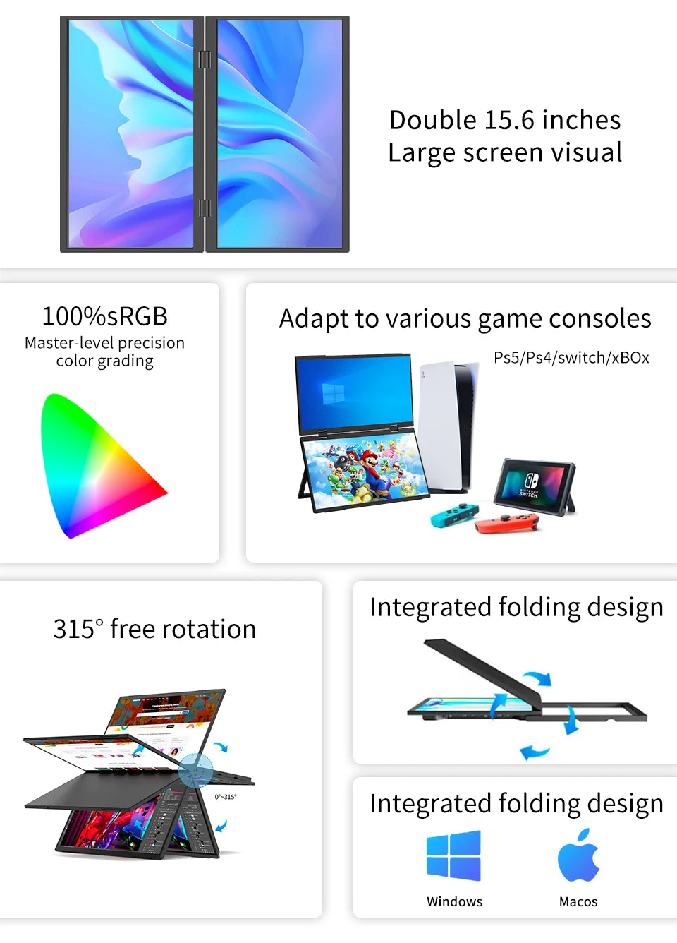 15.6 Inch Dual Portable Monitor for Laptop Folding Stacked Triple Display