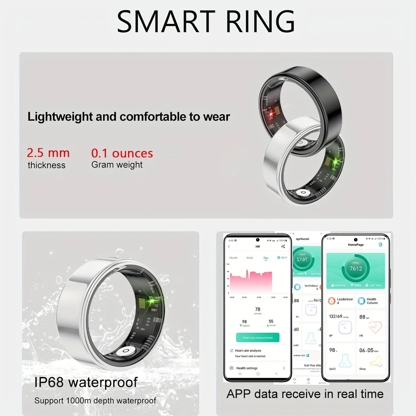 Smart ring, compatible with iPhone and Android, for women and men