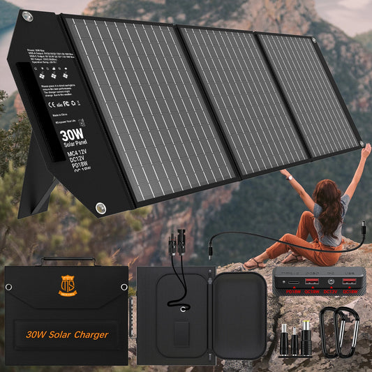 30W Travel-Ready Solar Charger - Portable Foldable Solar Panel, USB-A and USB-C