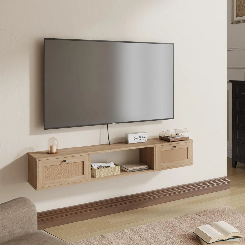 Modern Rattan Floating TV Stand 57 inch